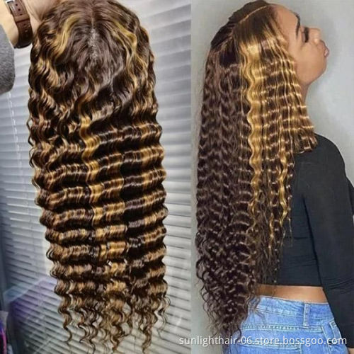 Sunlight  Highlight Hair Deep Wave Lace Front Brazilian Hd 427 Top Quality 30 Inch Frontal Color Human Wigs